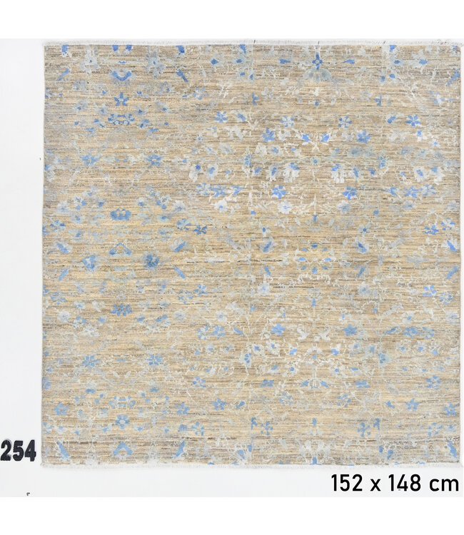 Beige en Blauwe Vintage Handgeknoopte Wol Tapijt met Bloemenpatroon – 152 x 148 cm