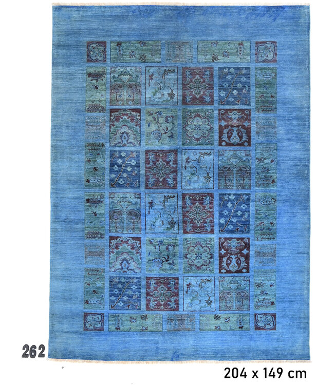 Blauw Handgeknoopt Tapijt – 204 x 149 cm – Vintage Patroon