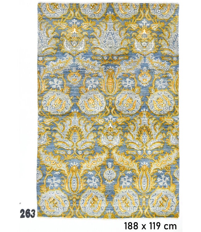 Blauw en Geel Handgeknoopt Tapijt – 188 x 119 cm – Vintage Patroon