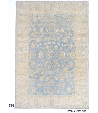 Blau-beiger Ziegler-Muster handgeknüpfter Wollteppich – 294 x 199 cm