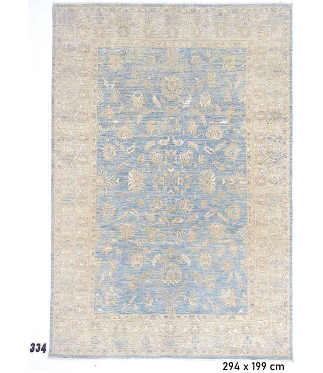 Blue-Beige Ziegler Pattern Hand-Knotted Wool Rug – 294 x 199 cm