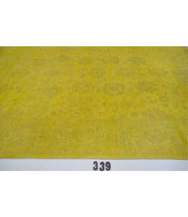 Vintage Geel Handgeknoopte Wol Tapijt - Afmetingen: 297 x 250