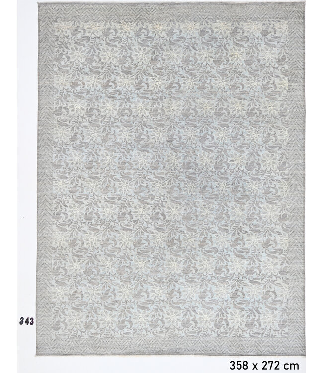 Grijs-crème Modern patroon handgeknoopt wollen vloerkleed – 358 x 272 cm