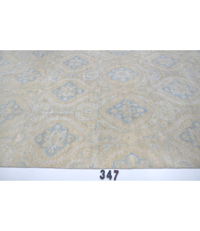 Beige-Blue Ziegler Pattern Hand-Knotted Wool Rug – 376 x 262 cm