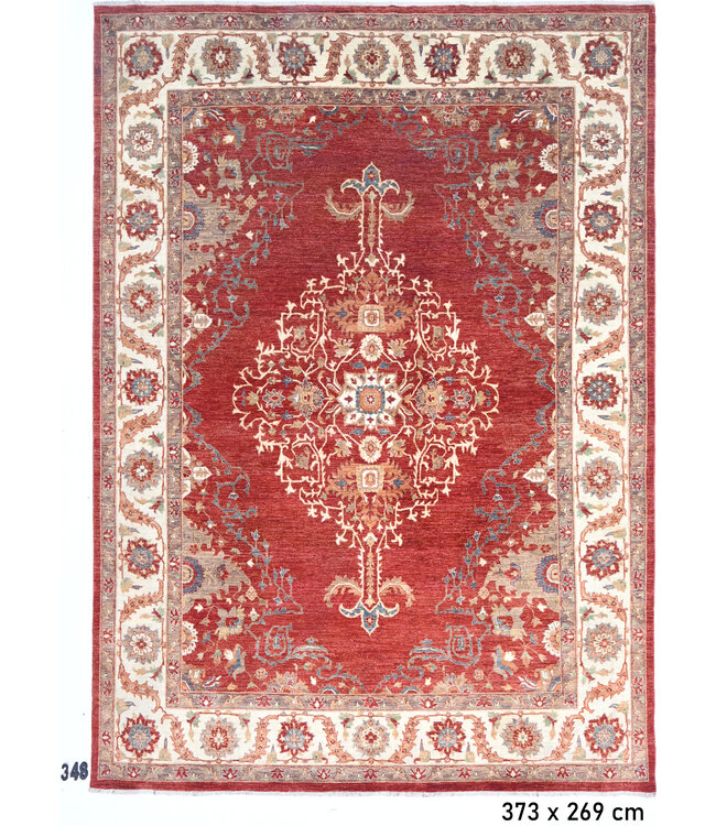 Red-Beige Kazak Pattern Hand-Knotted Wool Rug – 373 x 269 cm