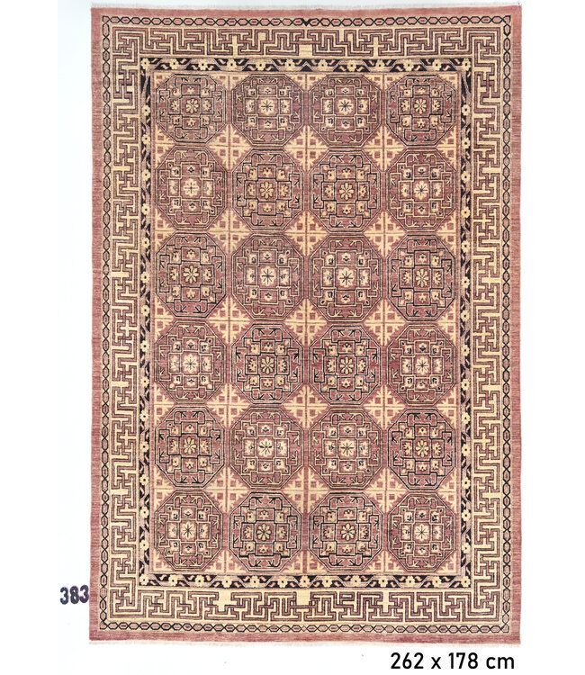 Red Beige Kazak Pattern Hand-Knotted Wool Rug – 262 x 178 cm