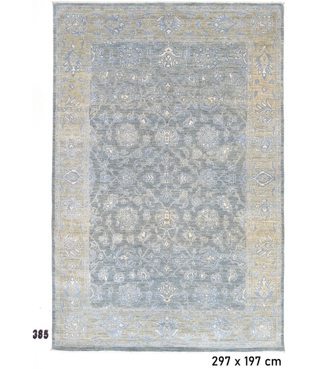 Blau-Graues Ziegler-Muster handgeknüpfter Wollteppich – 297 x 197 cm