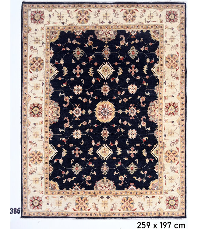 Dark Blue-Cream Ziegler Pattern Hand-Knotted Wool Rug – 259 x 197 cm