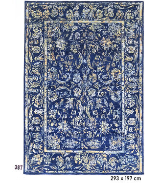 Königsblau-Gold Vintage-Muster handgeknüpfter Wollteppich – 293 x 197 cm