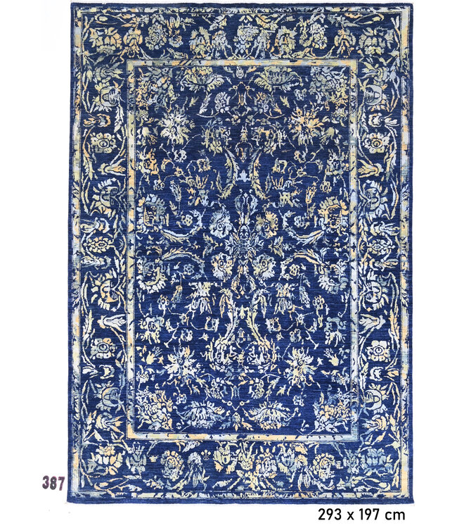 Königsblau-Gold Vintage-Muster handgeknüpfter Wollteppich – 293 x 197 cm