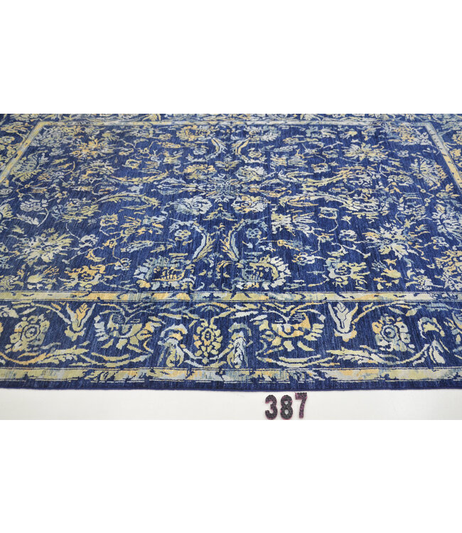 Königsblau-Gold Vintage-Muster handgeknüpfter Wollteppich – 293 x 197 cm