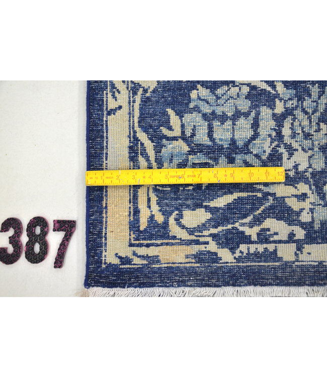 Königsblau-Gold Vintage-Muster handgeknüpfter Wollteppich – 293 x 197 cm