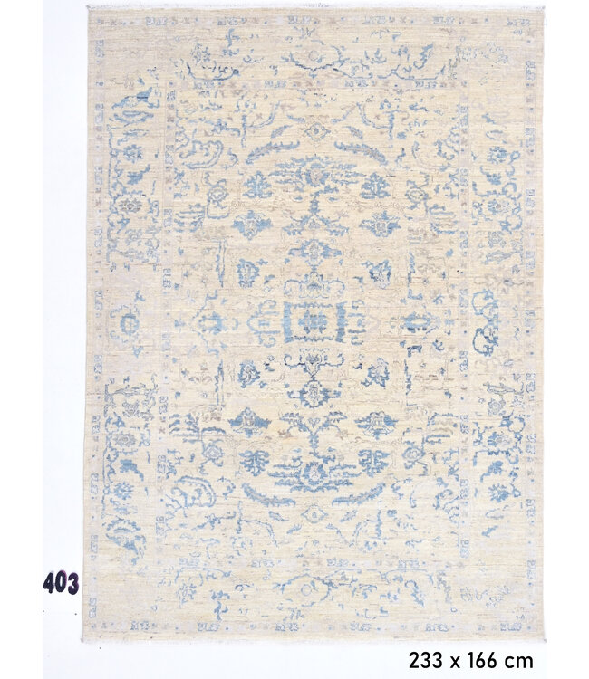 Beige-Blauw Vintage Vloerkleed – 233 x 166 cm – Handgeknoopt Wol