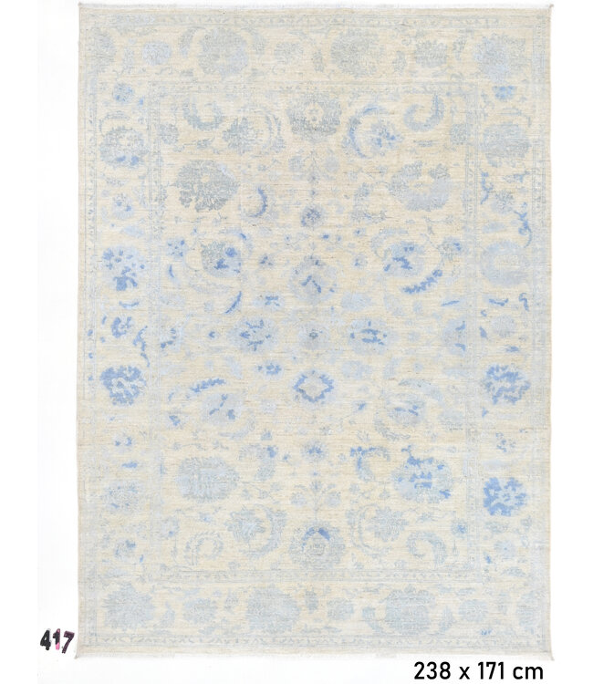 Beige-Blue Ziegler Pattern Hand-Knotted Wool Rug – 238 x 171 cm