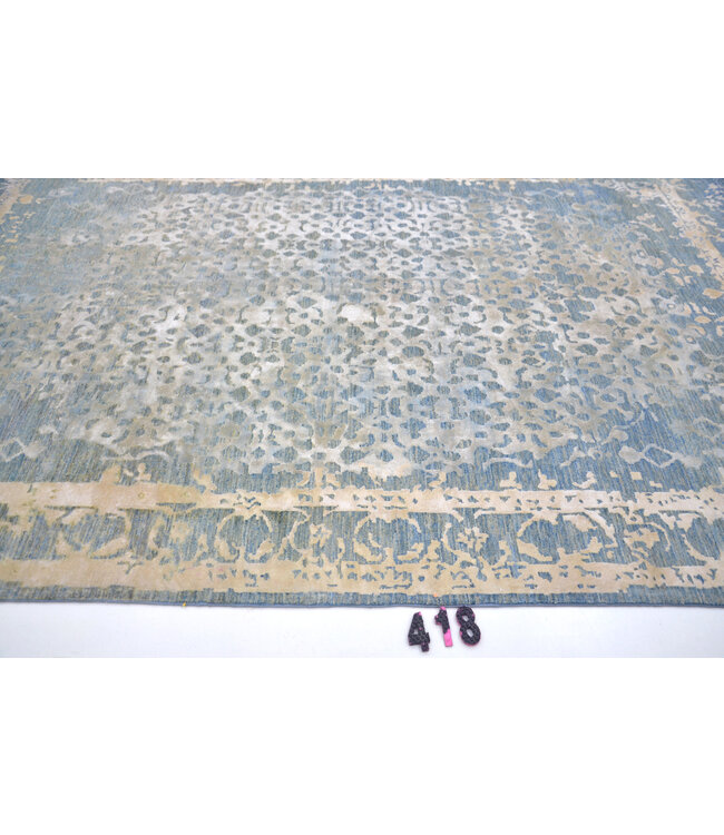 Blau-beiger Modern-Muster handgeknüpfter Wollteppich – 288 x 199 cm