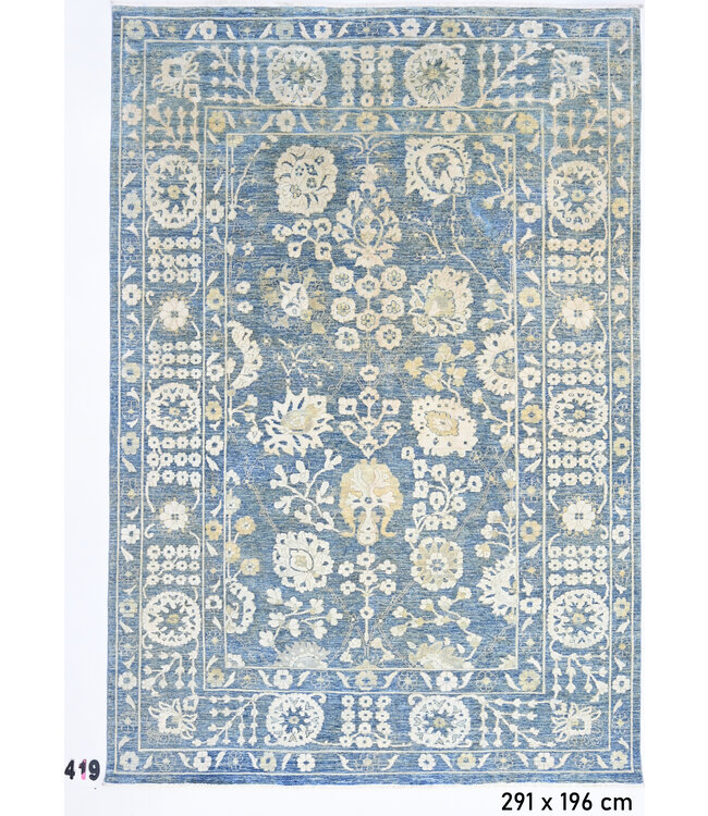 Blue-Cream Ziegler Pattern Hand-Knotted Wool Rug – 291 x 196 cm