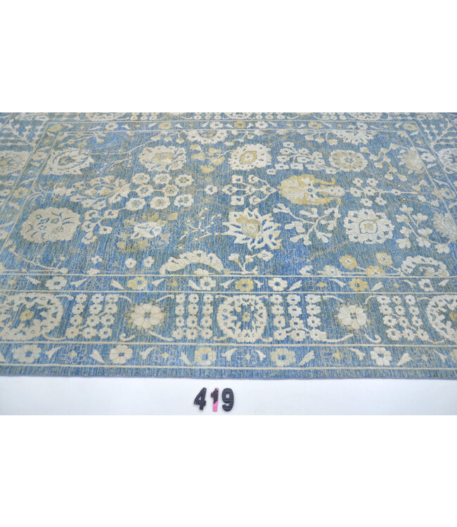 Blue-Cream Ziegler Pattern Hand-Knotted Wool Rug – 291 x 196 cm