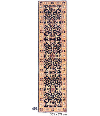 Dunkelblau & Beige Ziegler Läufer – Handgeknüpft – 303 x 077 cm – Wolle