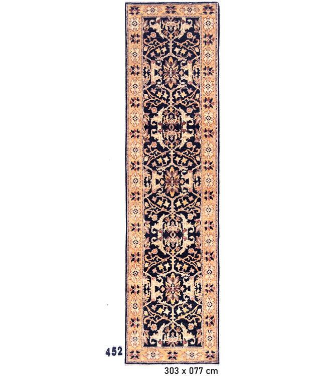 Donkerblauw & Beige Ziegler Loper – Handgeknoopt – 303 x 077 cm – Wol