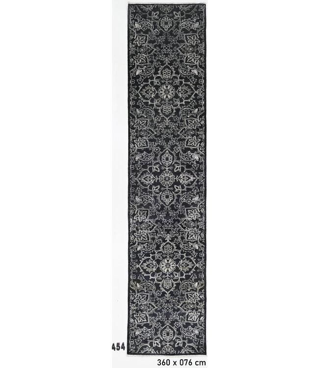 Schwarz & Silbergrau Moderner Läufer – Handgeknüpft – 360 x 076 cm – Wolle
