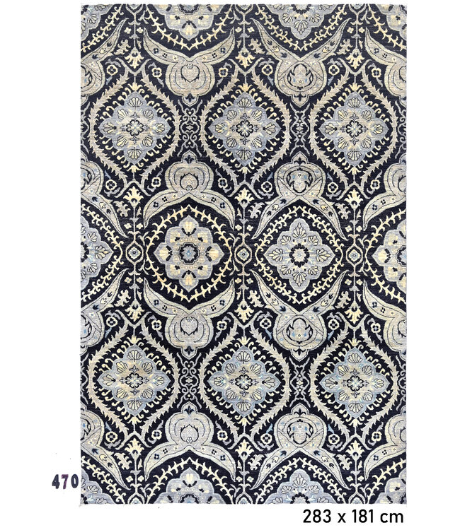 Black-Grey Ziegler Pattern Hand-Knotted Wool Rug – 283 x 181 cm