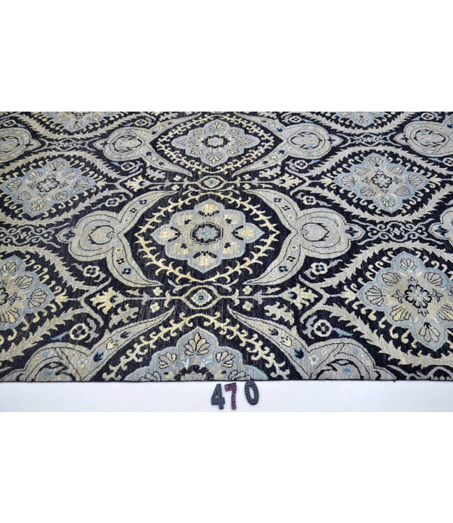 Black-Grey Ziegler Pattern Hand-Knotted Wool Rug – 283 x 181 cm