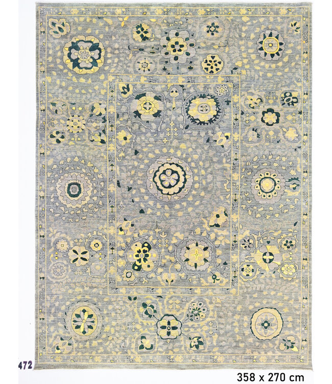 Grey-Yellow Ziegler Pattern Hand-Knotted Wool Rug – 358 x 270 cm