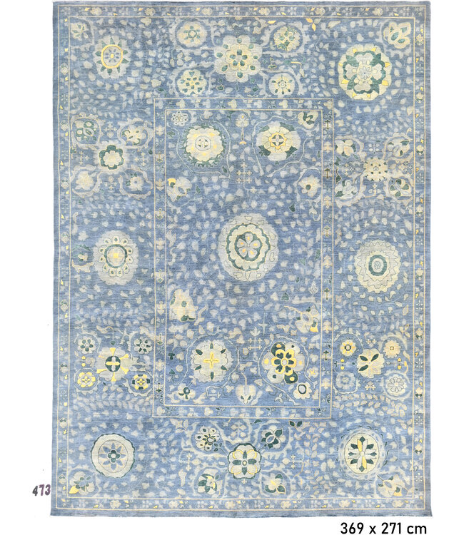 Blue Ziegler Pattern Hand-Knotted Wool Rug – 369 x 271 cm