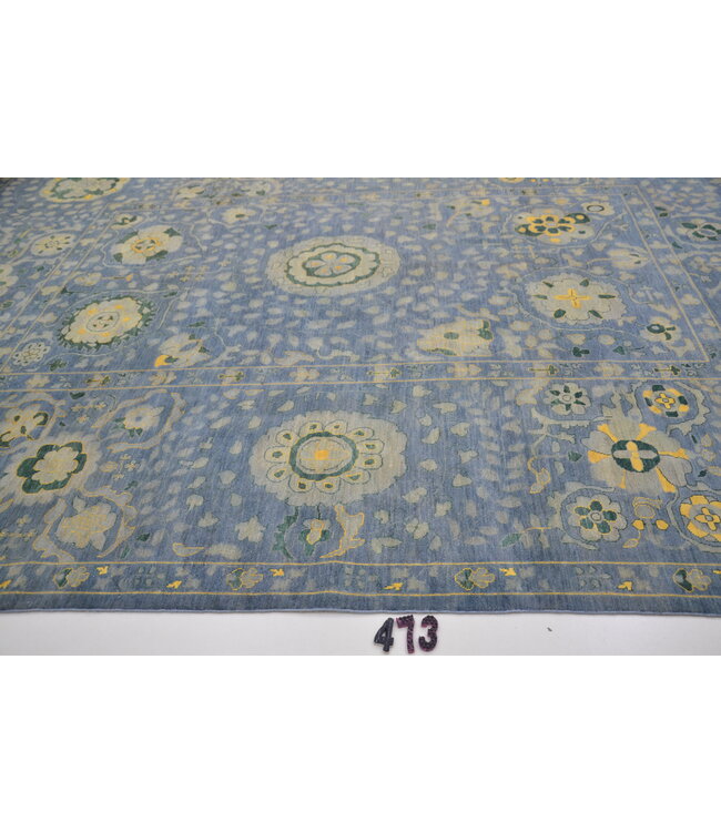 Blauw Ziegler patroon handgeknoopt wollen vloerkleed – 369 x 271 cm