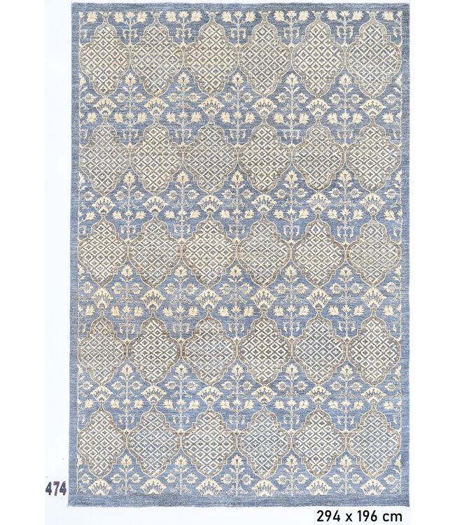 Blauw-beige Ziegler patroon handgeknoopt wollen vloerkleed – 294 x 196 cm