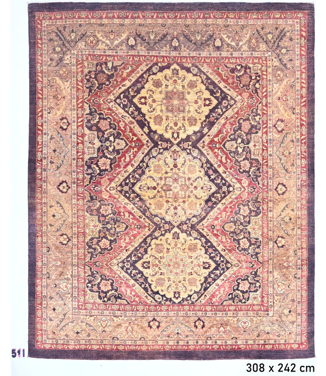 Donkerrood & Beige Ziegler Tapijt – 308 x 242 cm – Handgeknoopt van Wol