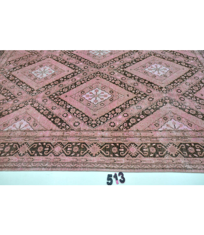 Roze & Bruin Vintage Tapijt – 296 x 238 cm – Handgeknoopt van Wol