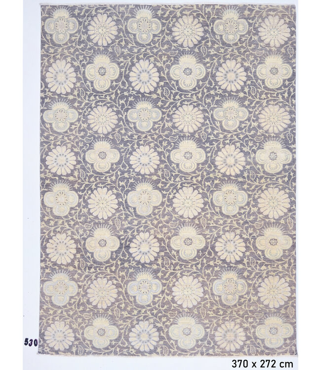 Grey Modern Rug – 370x272 cm – Hand-Knotted Wool Carpet with Floral Motif