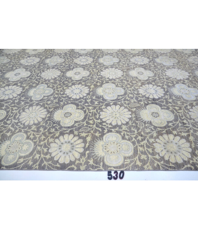 Grauer Moderner Teppich – 370x272 cm – Handgeknüpfter Wollteppich mit Blumenmuster