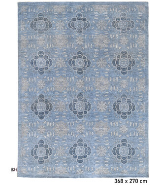 Hellblauer Moderner Teppich – 368x270 cm – Handgeknüpfter Wollteppich mit geometrischem Blumenmuster