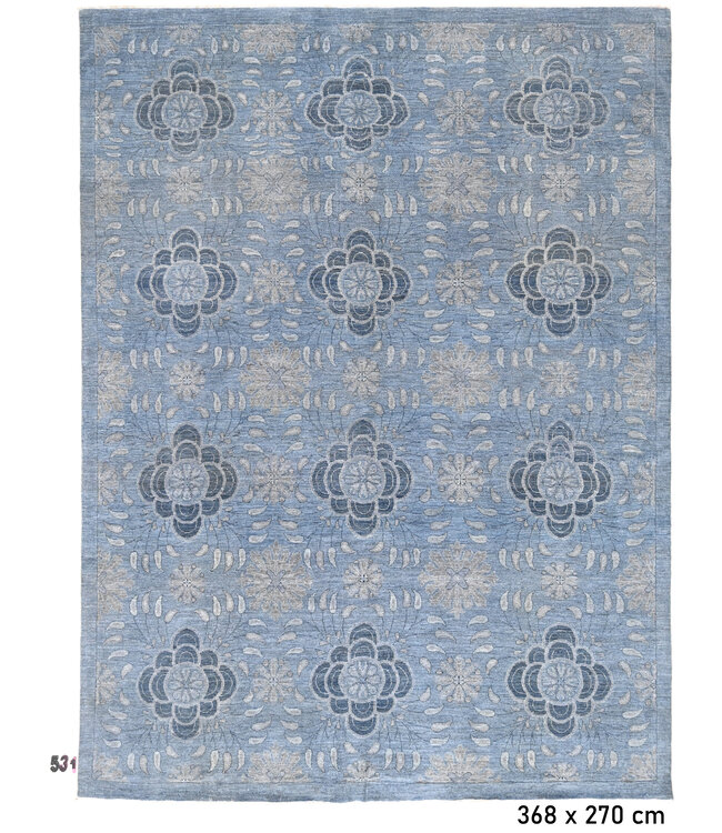 Lichtblauw Modern vloerkleed – 368x270 cm – Handgeknoopt wollen tapijt met geometrisch bloemmotief