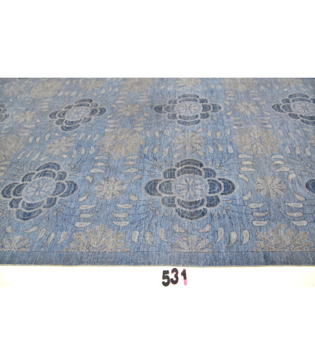 Hellblauer Moderner Teppich – 368x270 cm – Handgeknüpfter Wollteppich mit geometrischem Blumenmuster