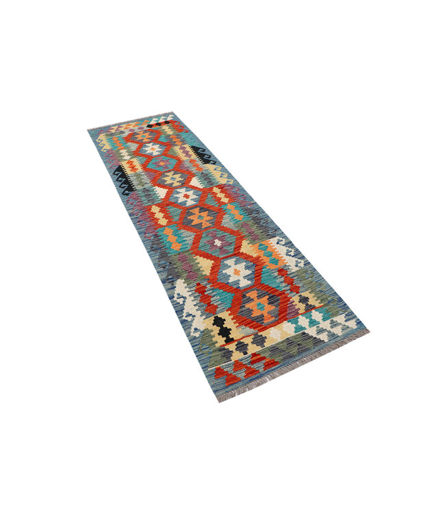 Handgeweven Kelim  Wollen Vloerkleed – 257x78 cm | Kleurrijk Boho Tapijt | Geometrisch Tribal Design