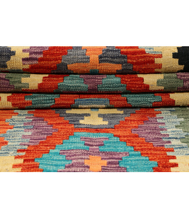 Handgewebter Kilim Wollteppich – 257x78 cm | Bunter Boho Tribal Teppich | Geometrisches Muster