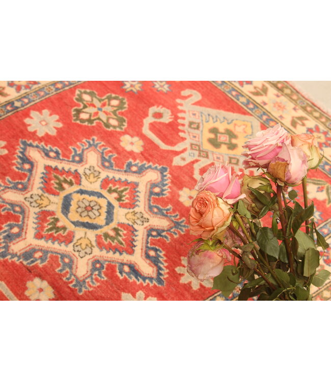 144x102cm Handgeknoopte Wol Kazak Tapijt – Authentiek Oosters Vloerkleed, Traditioneel Tribaal Design, Hoogwaardige Handgemaakte Wol Tapijt