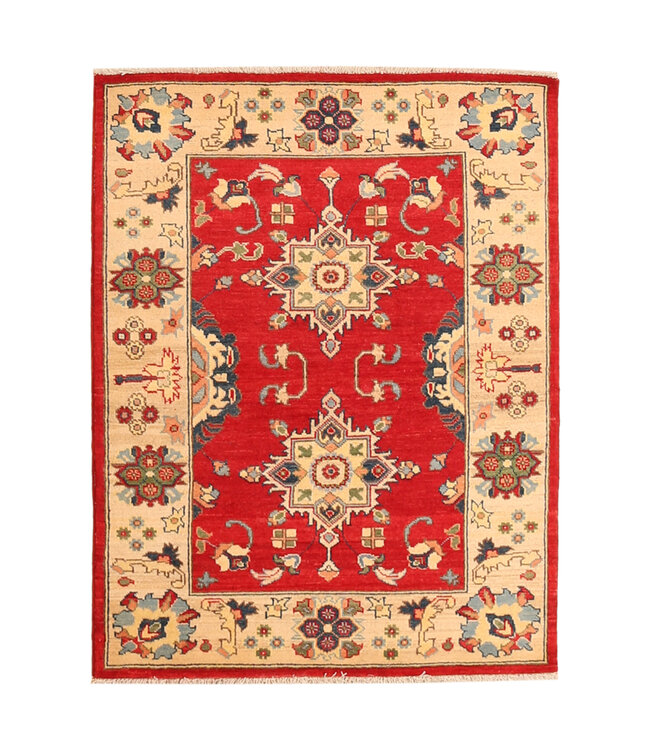 138x105cm Handgeknüpfter Woll Kazak Teppich – Authentischer Orientalischer Teppich, Traditionelles Tribal Design, Hochwertiger Handgefertigter Wollteppich