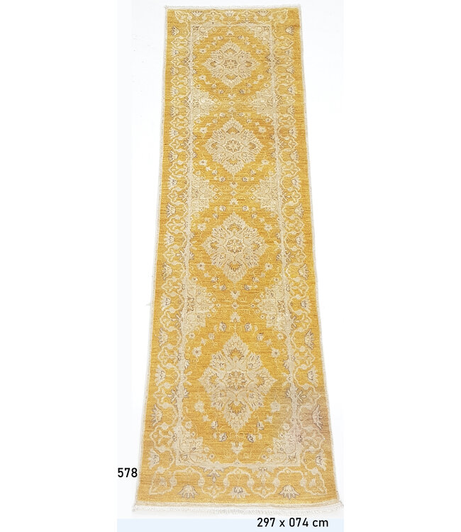 Gelber Ziegler Läufer – Handgeknüpft Wolle – 297 x 074 cm