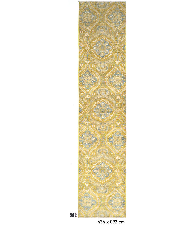 Geel Blauw Modern Loper – Handgeknoopt Wol – 434 x 092 cm