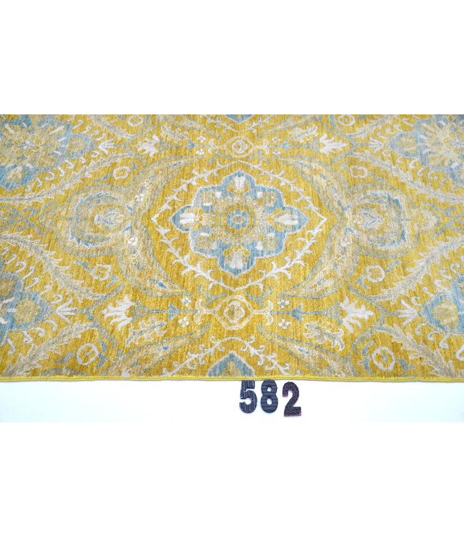 Geel Blauw Modern Loper – Handgeknoopt Wol – 434 x 092 cm