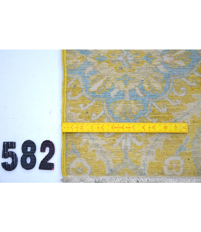 Gelb Blau Modern Läufer – Handgeknüpft Wolle – 434 x 092 cm