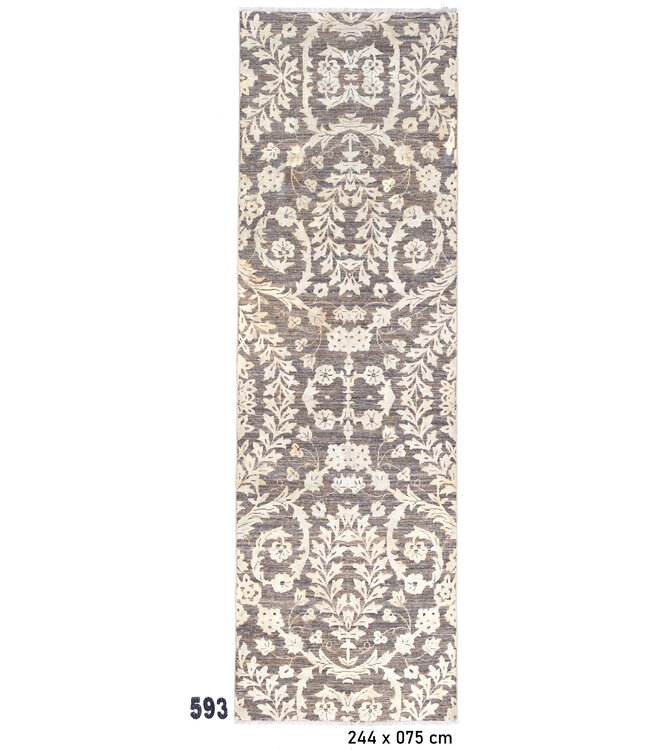 Grau-Crème Modern 593 – Handgeknüpfter Wollläufer 244 x 075 cm