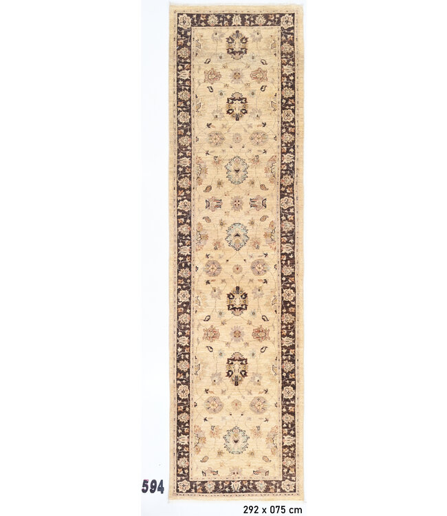 Beige-Bruin Ziegler 594 – Handgeknoopte wollen loper 292 x 075 cm
