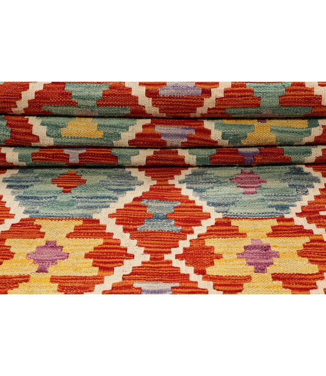 Handgeweven Kelim Vloerkleed – Multicolor Tribal Motieven, Geometrische Loper 238x81