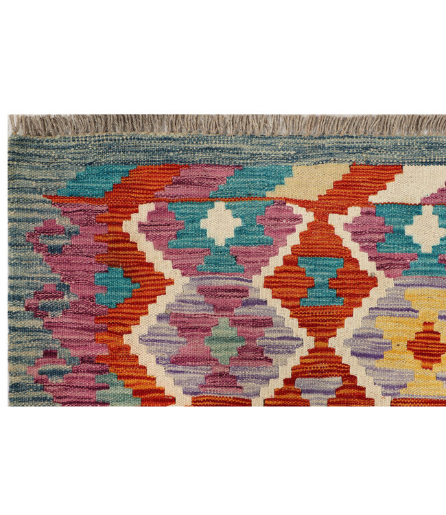 Handgeweven Kelim Vloerkleed – Multicolor Tribal Motieven, Geometrische Loper 238x81