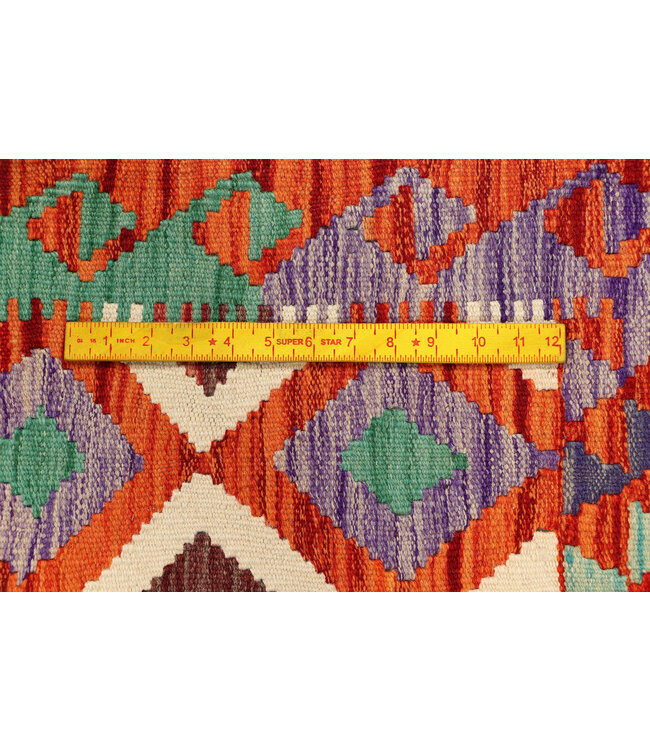Handgewebter Kelim Läufer – Diamantmuster in Rost, Grün & Lila | Tribal Wollteppich 248x88 cm